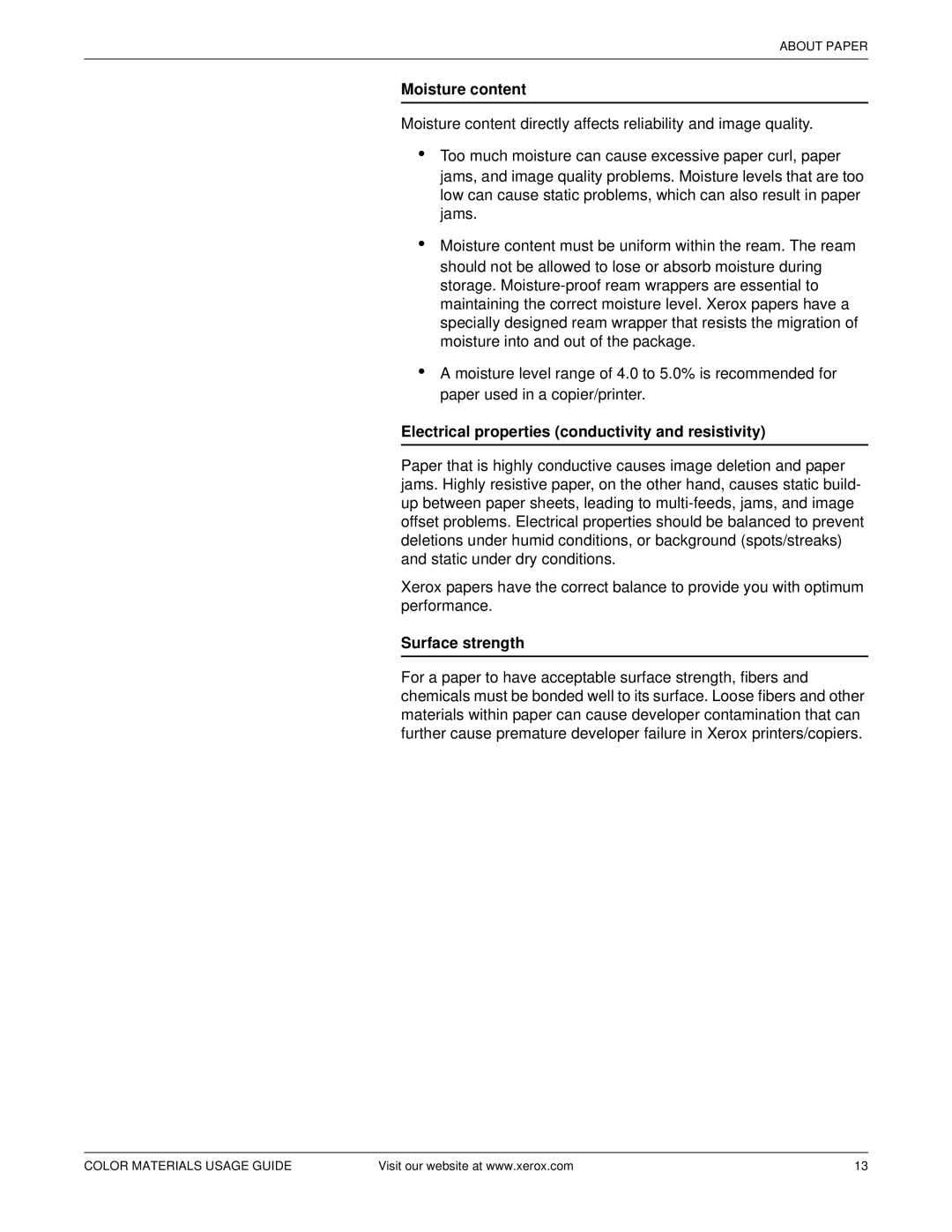 Xerox 12 manual Moisture content, Surface strength, About Paper, Color Materials Usage Guide 