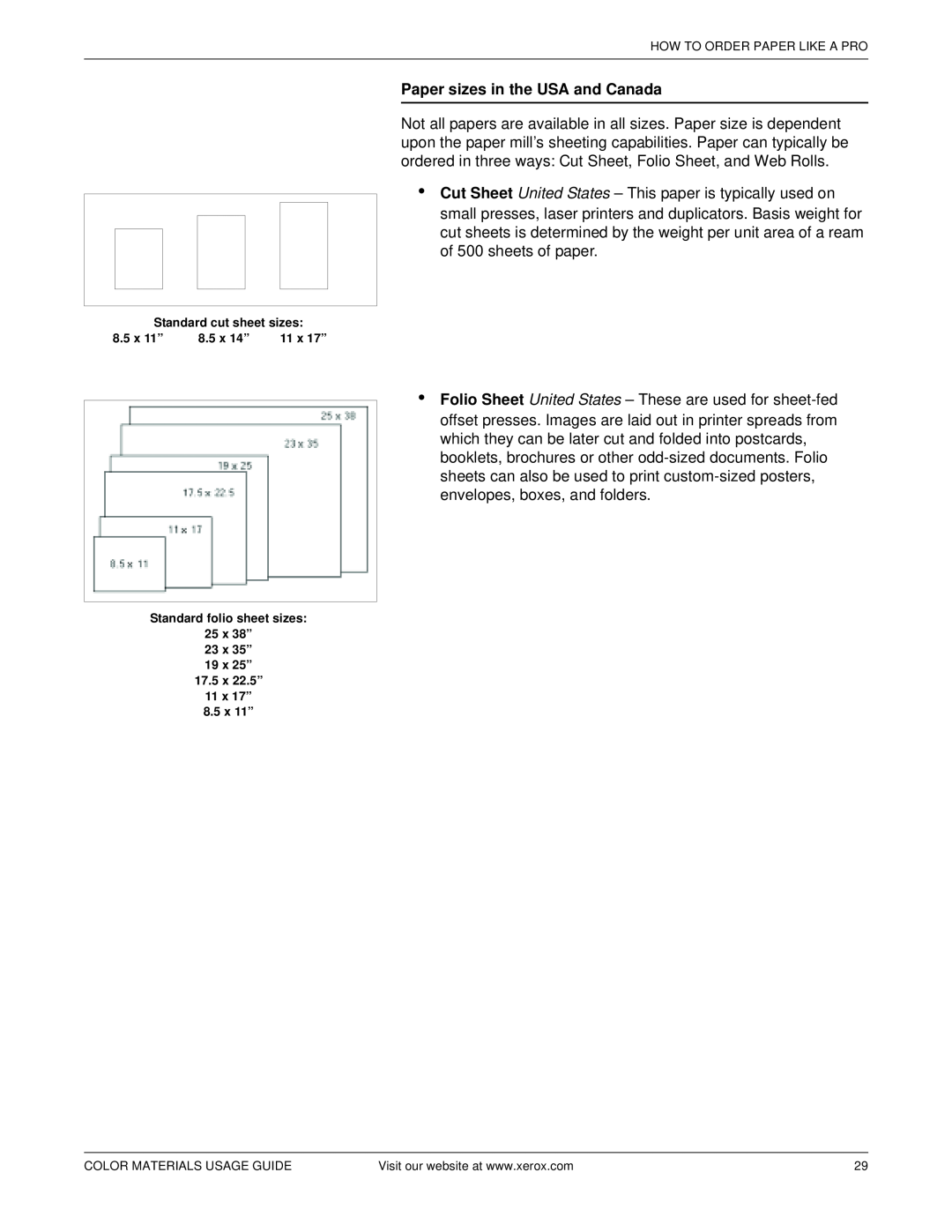 Xerox 12 manual Paper sizes in the USA and Canada, Standard cut sheet sizes, 8.5 x 11”, 8.5 x 14”, 11 x 17” 
