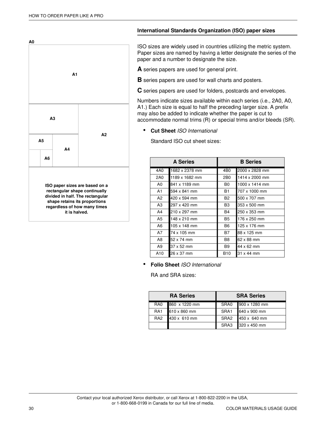 Xerox 12 manual B Series, Folio Sheet ISO International RA and SRA sizes, SRA Series 