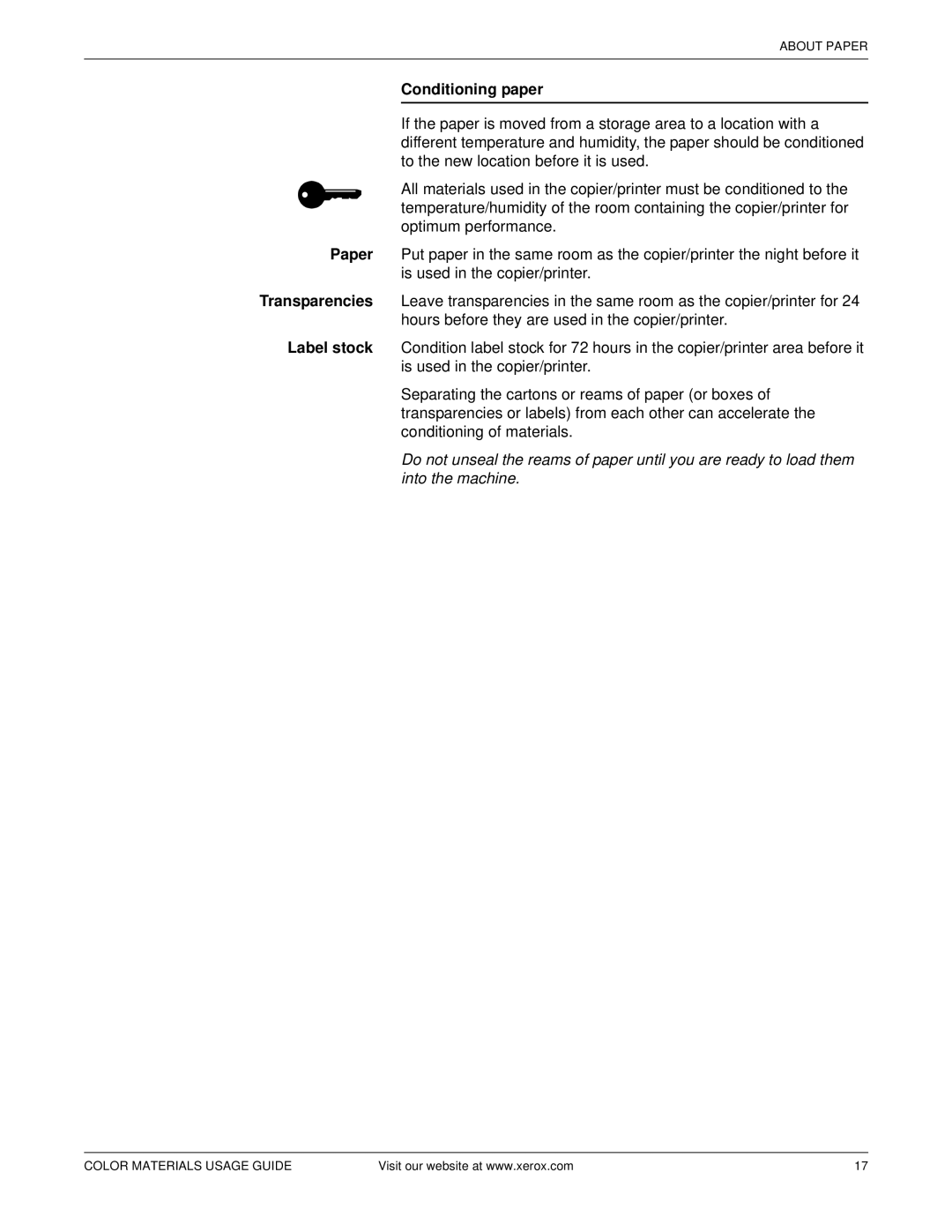 Xerox 12 manual Conditioning paper 