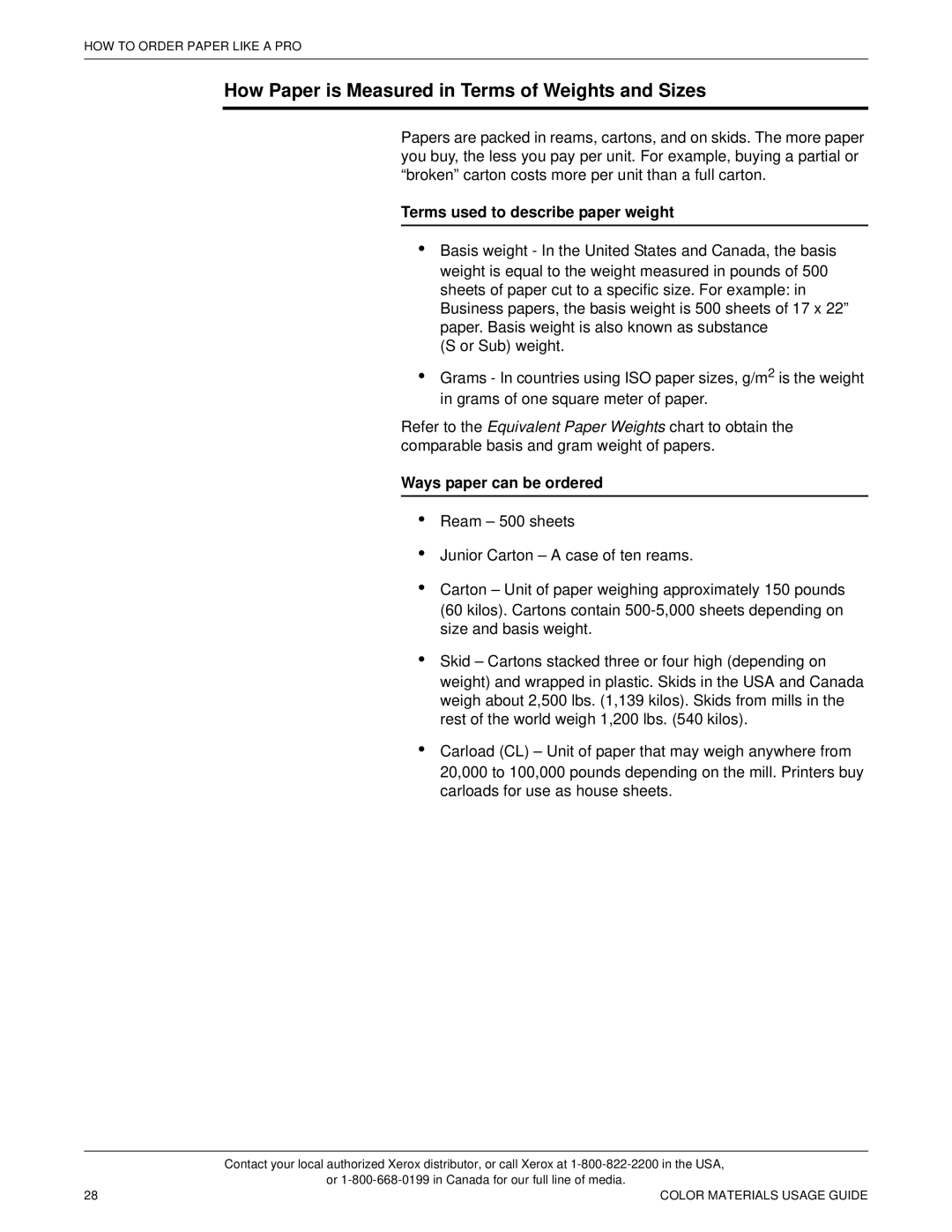 Xerox 12 manual How Paper is Measured in Terms of Weights and Sizes, Terms used to describe paper weight 