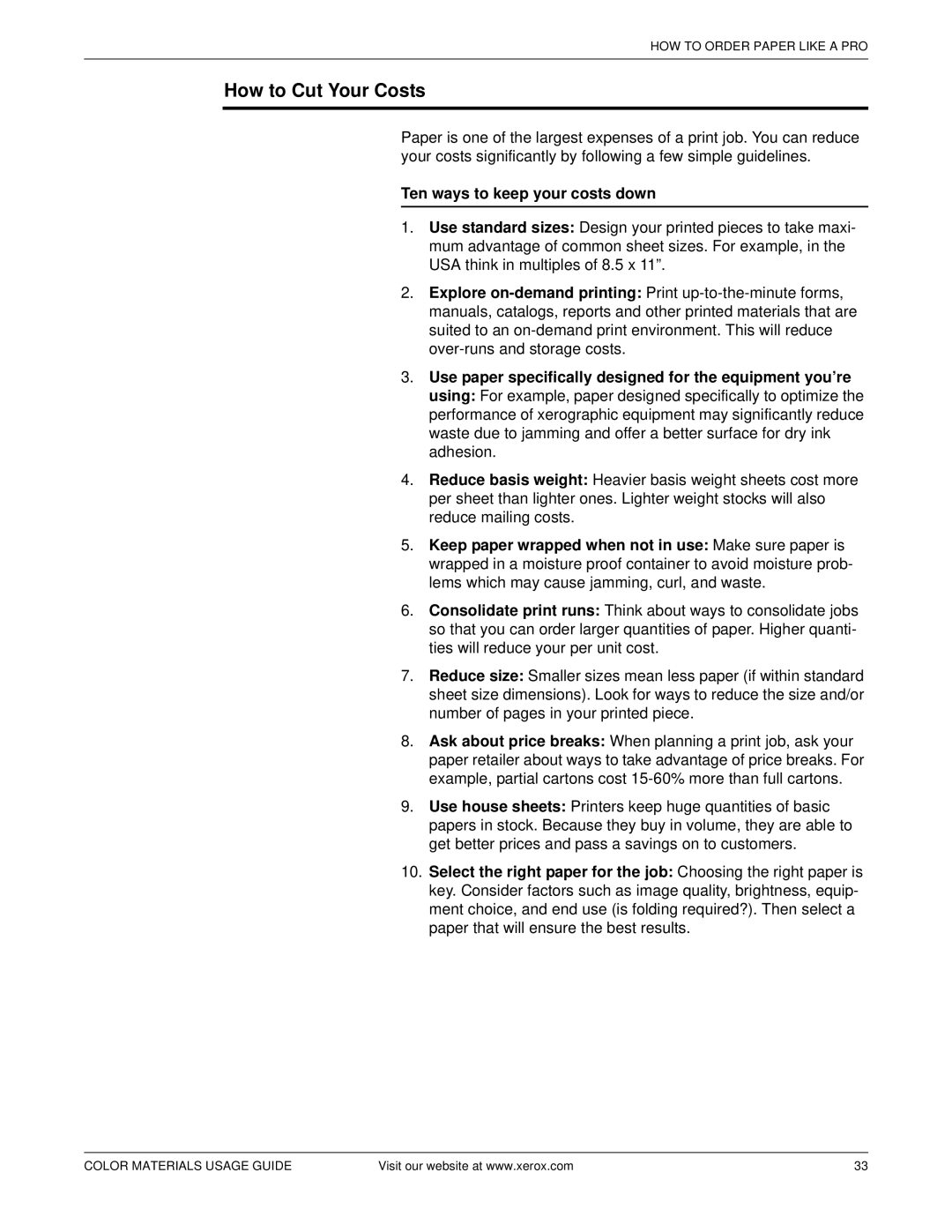 Xerox 12 manual How to Cut Your Costs, Ten ways to keep your costs down 