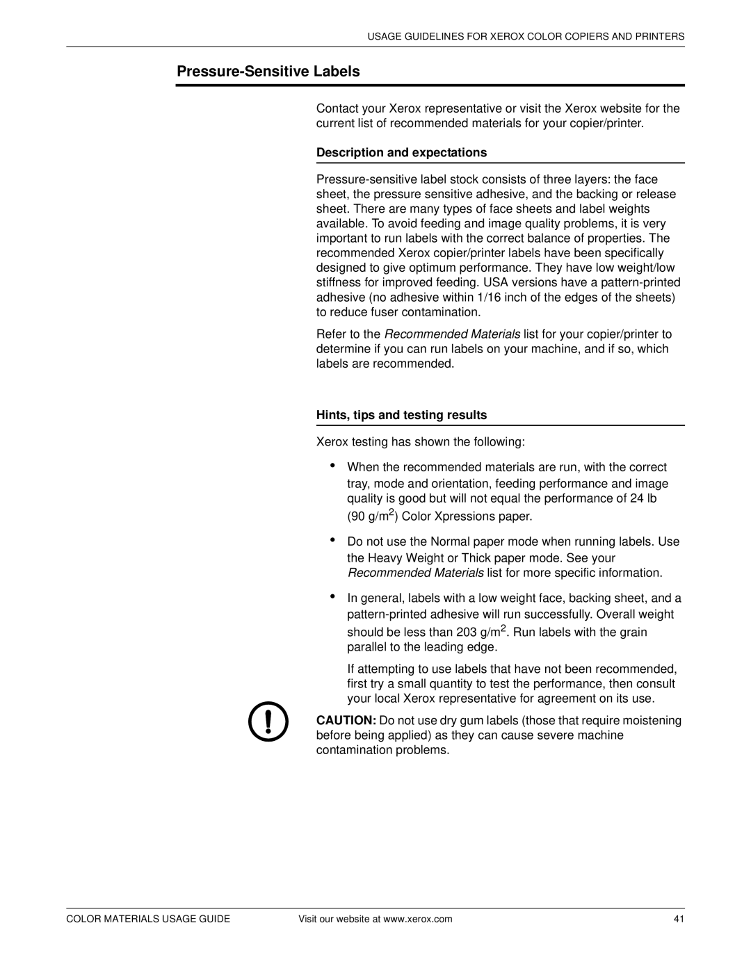 Xerox 12 manual Pressure-Sensitive Labels 