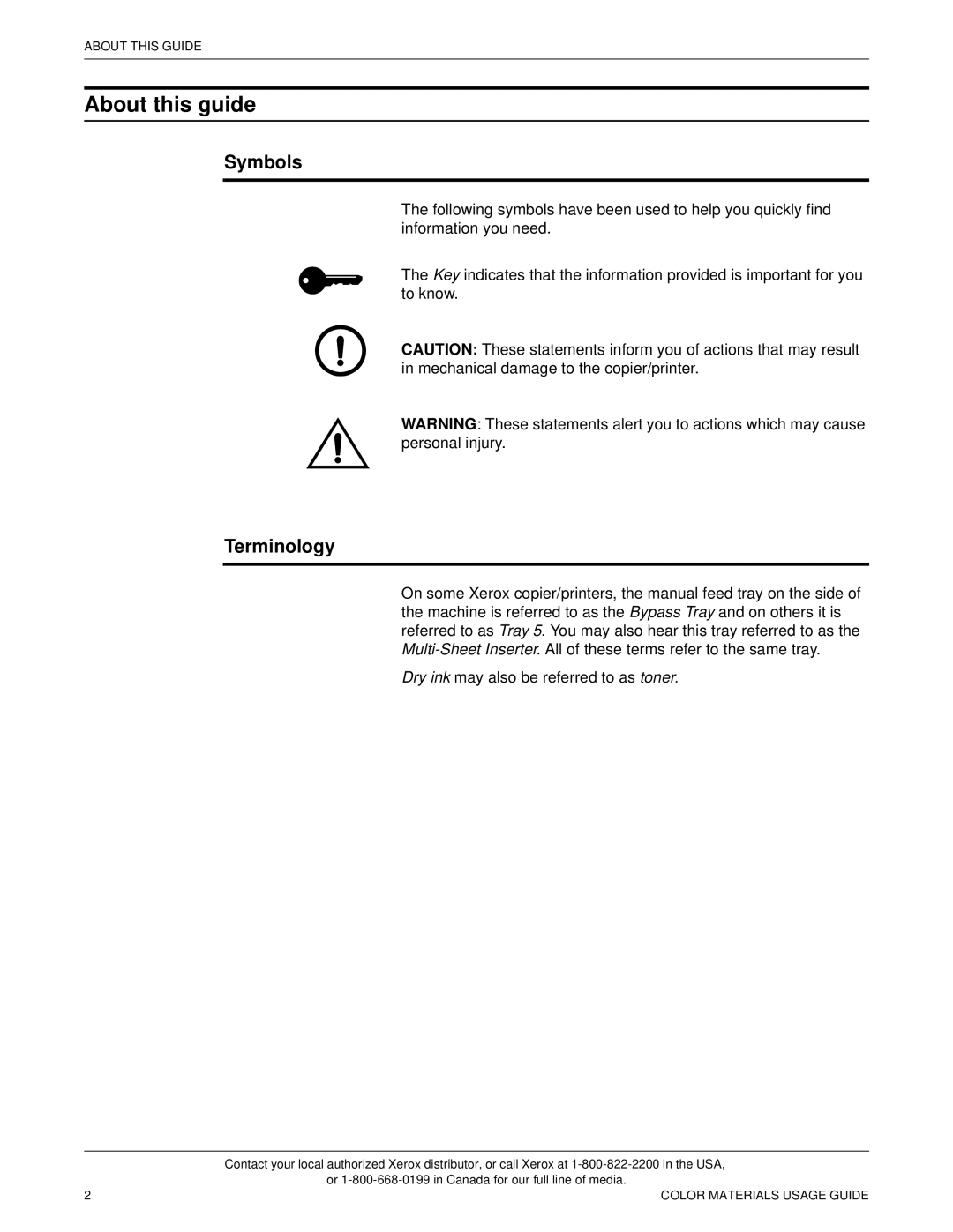 Xerox 12 manual About this guide, Symbols, Terminology 