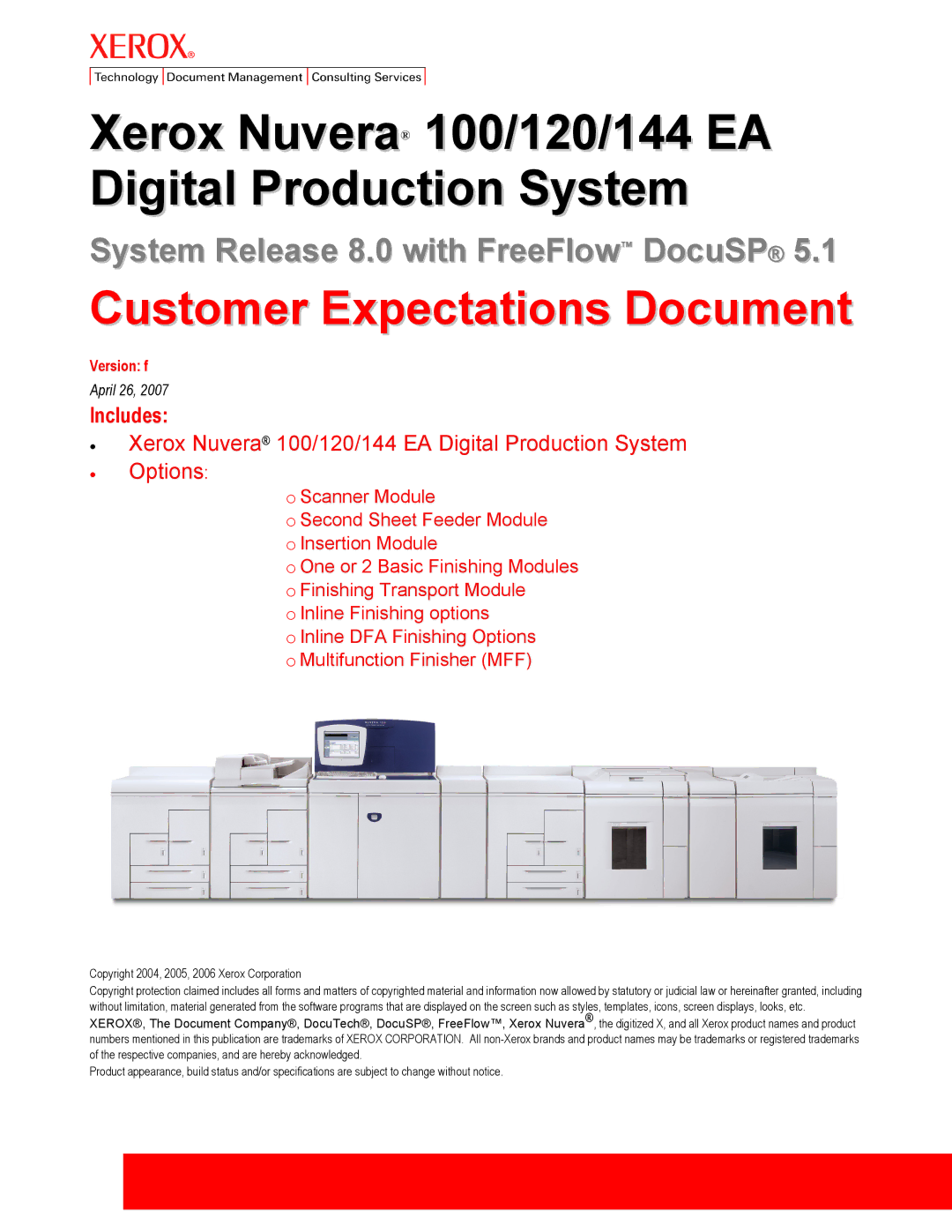 Xerox specifications Xerox Nuvera 100/120/144 EA Digital Production System 