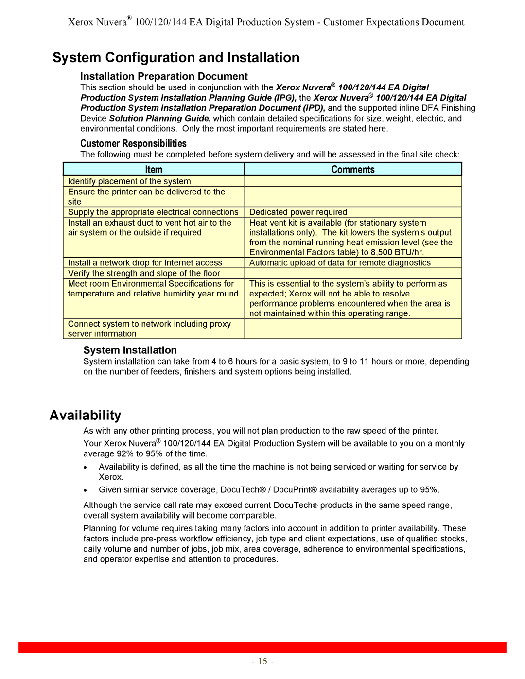 Xerox 144, 120 System Configuration and Installation, Availability, Installation Preparation Document, System Installation 