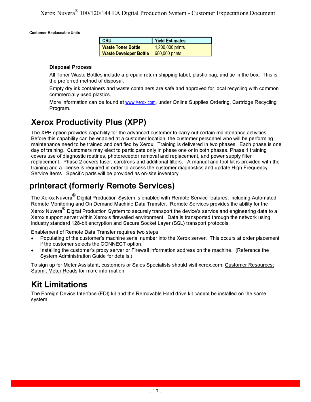 Xerox 144, 120 specifications Xerox Productivity Plus XPP, PrInteract formerly Remote Services, Kit Limitations 