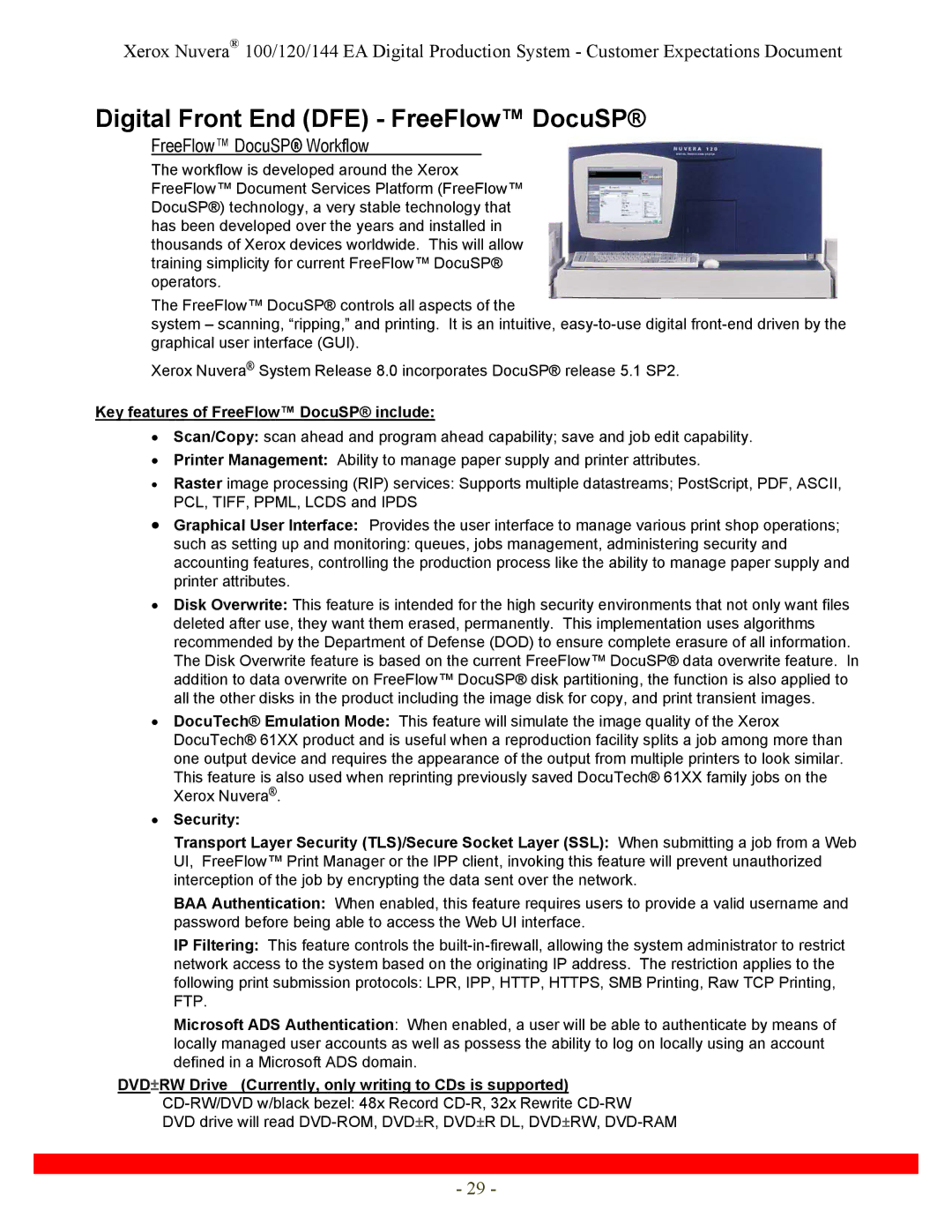 Xerox 144, 120 specifications Digital Front End DFE FreeFlow DocuSP, Key features of FreeFlow DocuSP include 