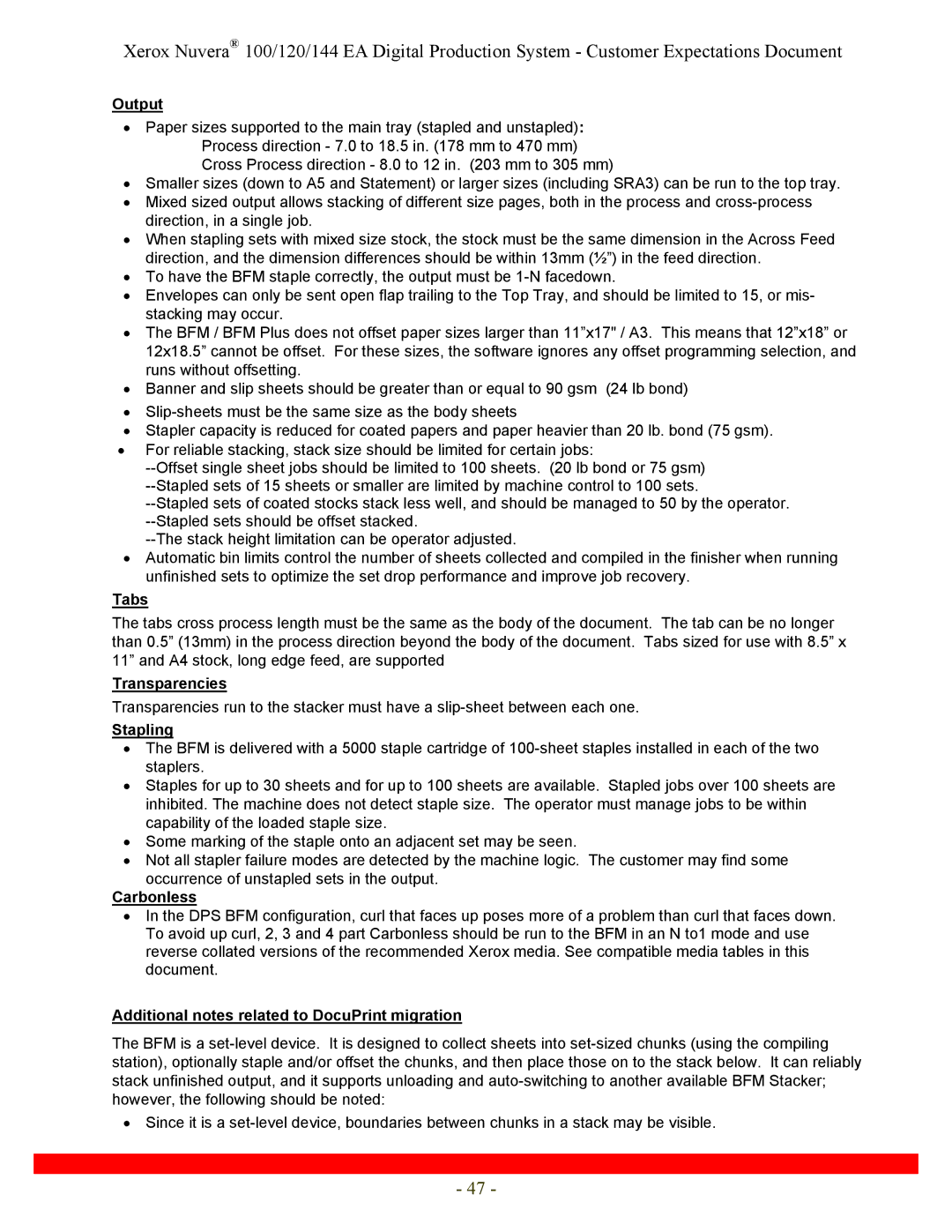 Xerox 144, 120 specifications Output, Tabs, Stapling, Additional notes related to DocuPrint migration 