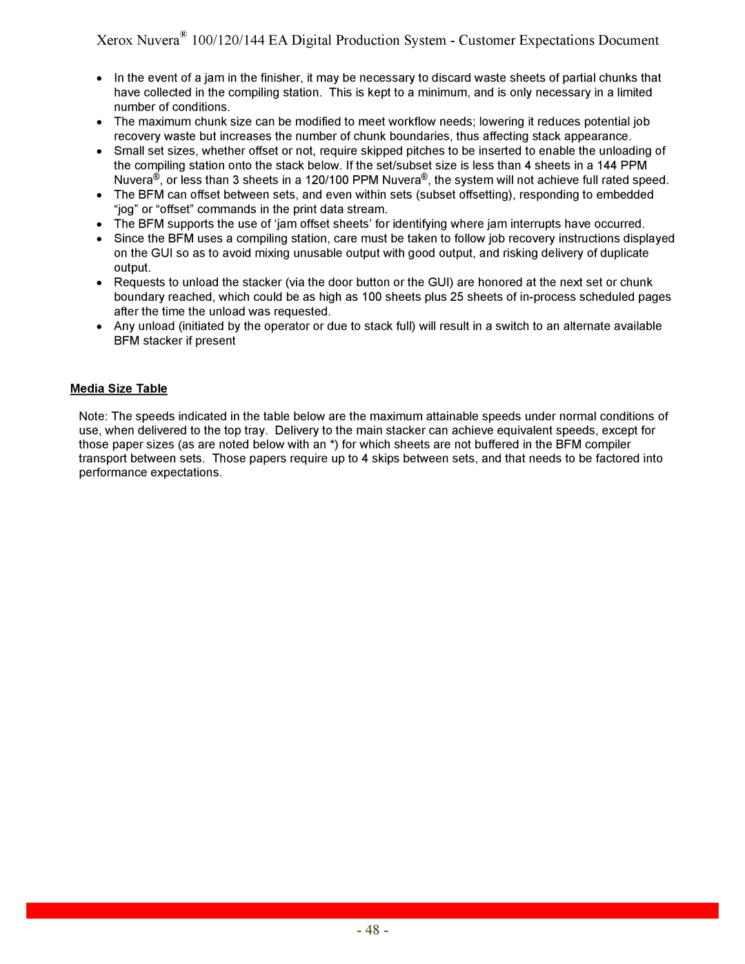 Xerox 120, 144 specifications Media Size Table 