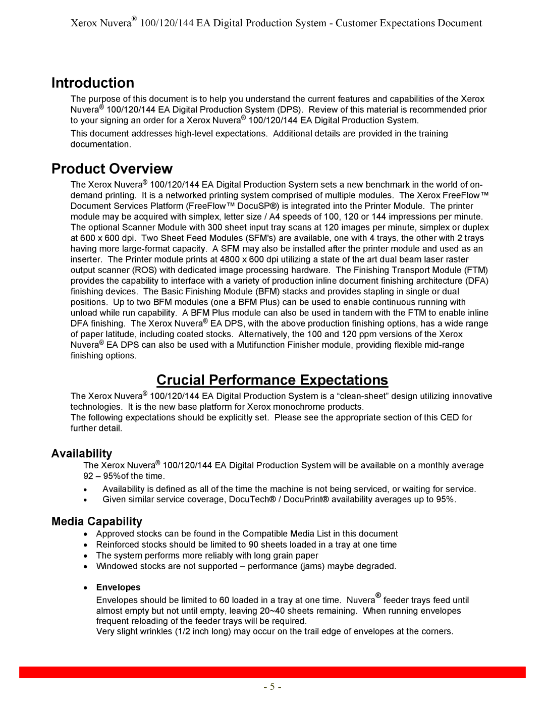 Xerox 144, 120 specifications Introduction, Product Overview, Crucial Performance Expectations, Envelopes 