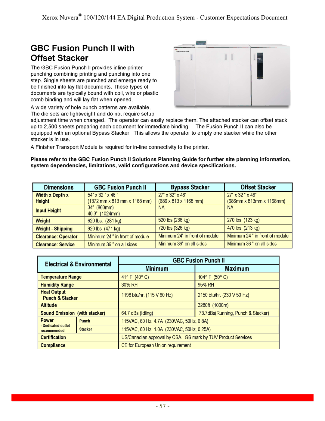 Xerox 144, 120 GBC Fusion Punch II with Offset Stacker, Dimensions GBC Fusion Punch Bypass Stacker Offset Stacker 