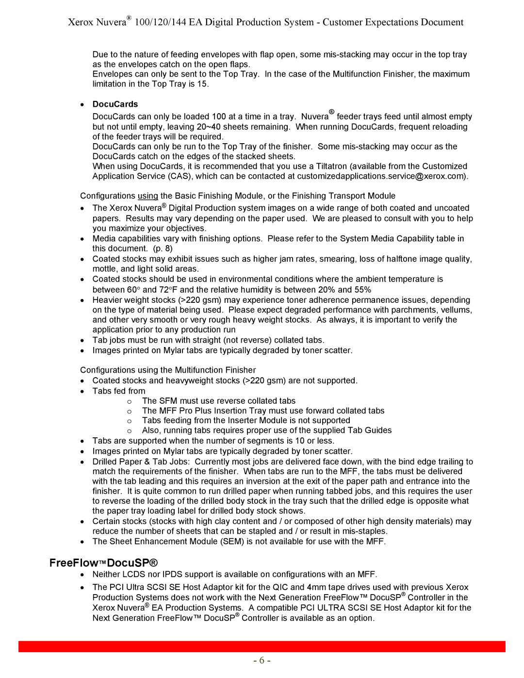 Xerox 120, 144 specifications FreeFlowDocuSP, DocuCards 