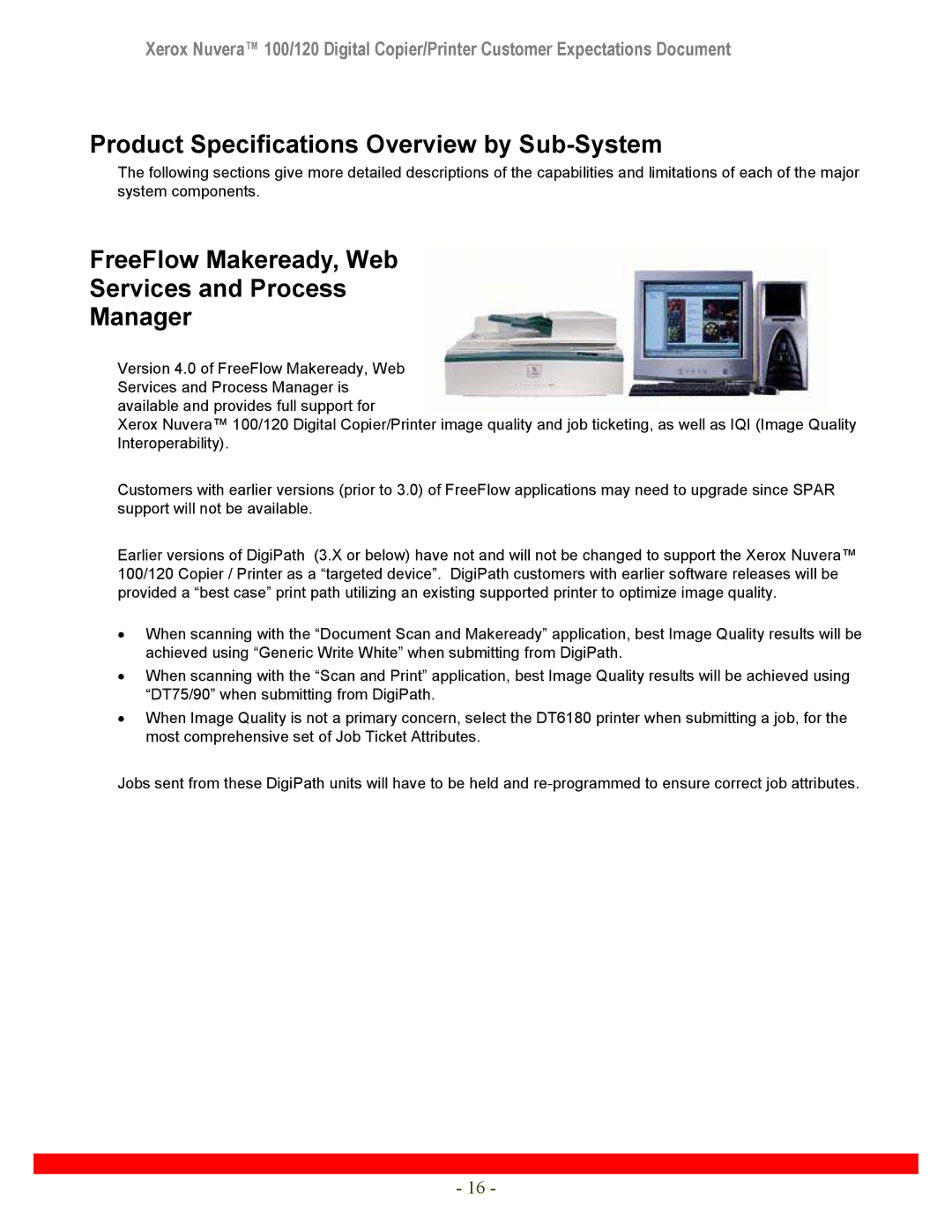 Xerox 120 manual Product Specifications Overview by Sub-System, FreeFlow Makeready, Web Services and Process Manager 