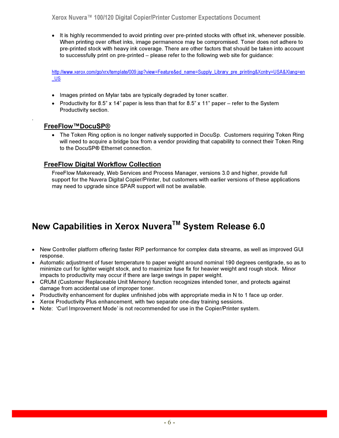 Xerox 120 manual New Capabilities in Xerox NuveraTM System Release, FreeFlowDocuSP, FreeFlow Digital Workflow Collection 