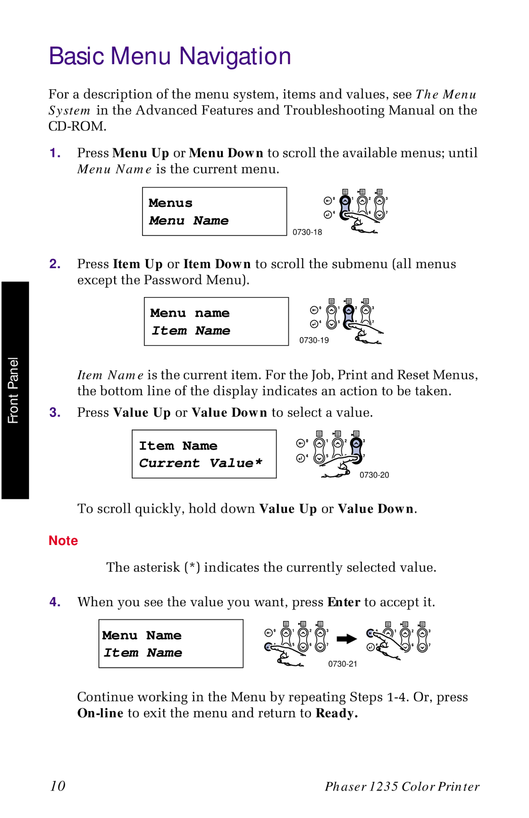 Xerox 1235 manual Basic Menu Navigation, Menu Name 