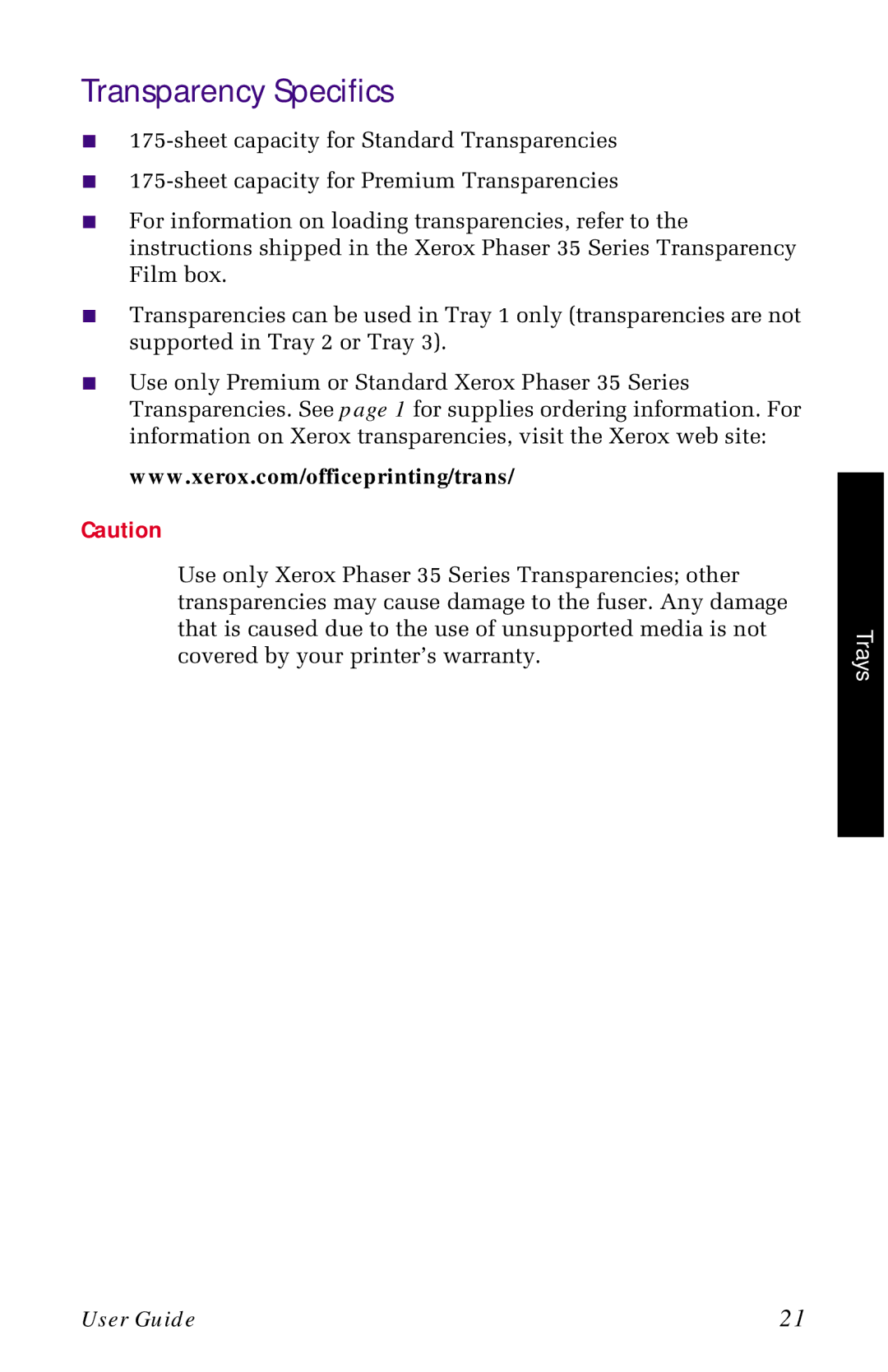 Xerox 1235 manual Transparency Specifics 