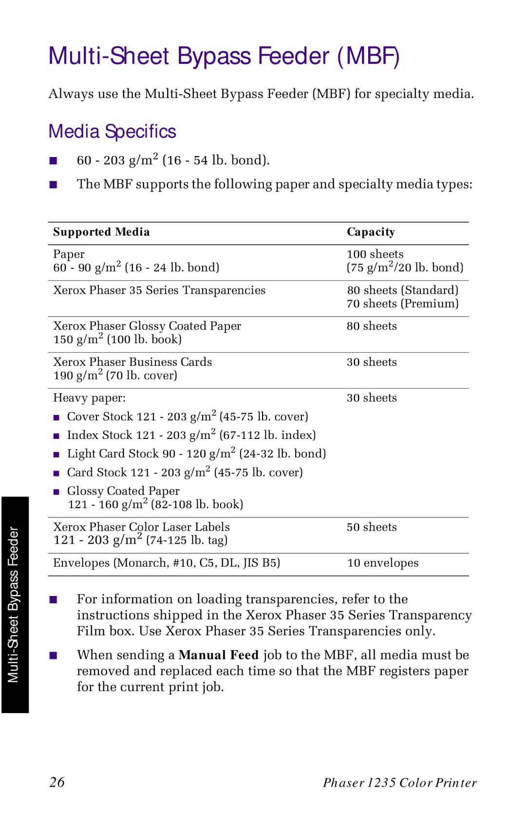 Xerox 1235 manual Multi-Sheet Bypass Feeder MBF, Media Specifics, Supported Media Capacity 