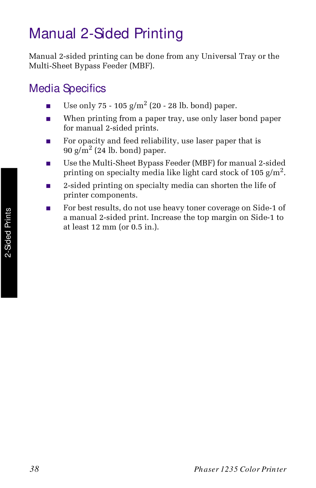 Xerox 1235 manual Manual 2-Sided Printing, Media Specifics 