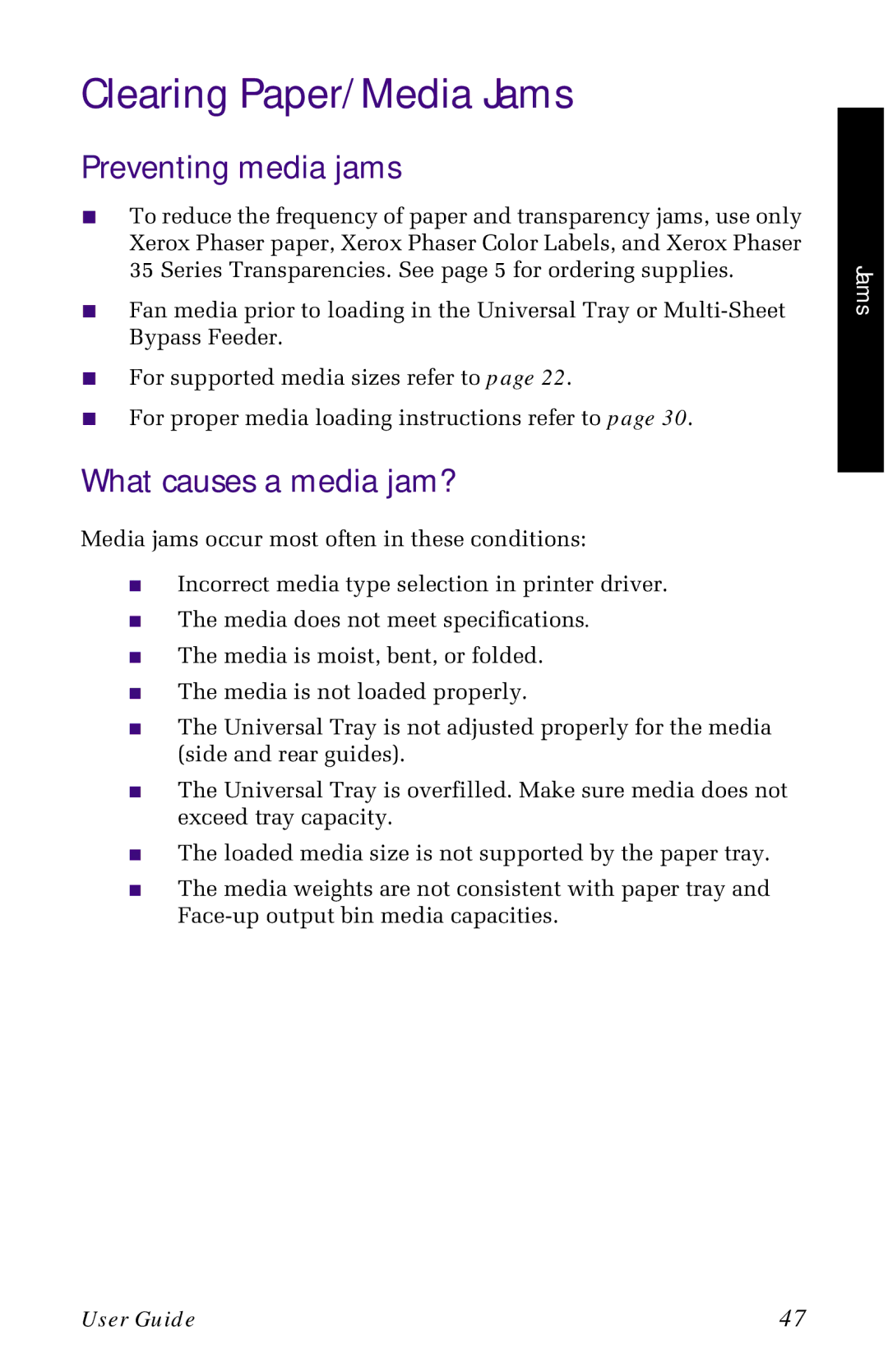 Xerox 1235 manual Clearing Paper/Media Jams, Preventing media jams, What causes a media jam? 