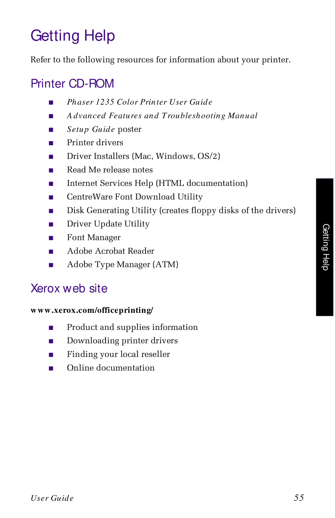 Xerox 1235 manual Getting Help, Printer CD-ROM, Xerox web site 