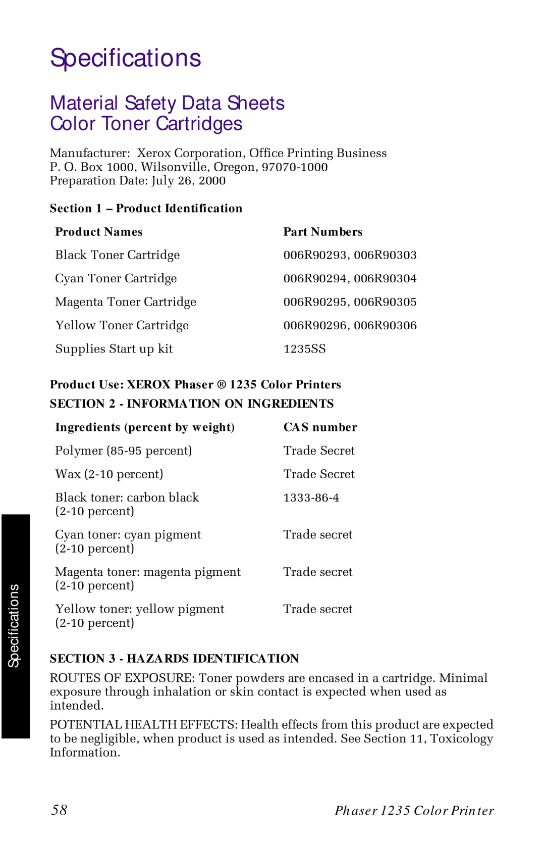 Xerox 1235 Specifications, Material Safety Data Sheets Color Toner Cartridges, Ingredients percent by weight CAS number 