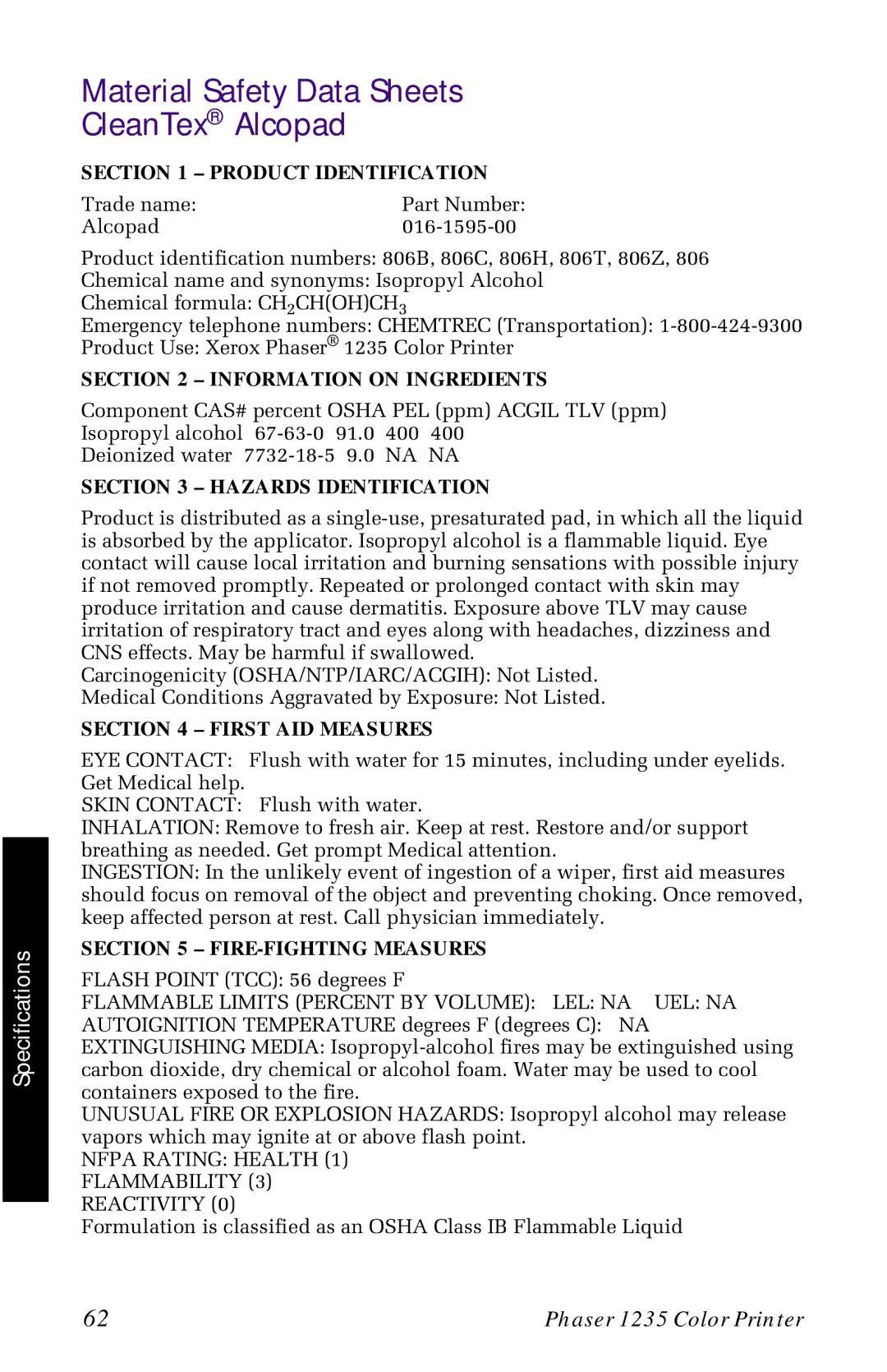 Xerox 1235 manual Material Safety Data Sheets CleanTex Alcopad, Product Identification 