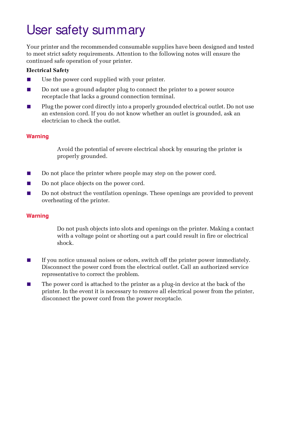 Xerox 1235 manual User safety summary, Electrical Safety 