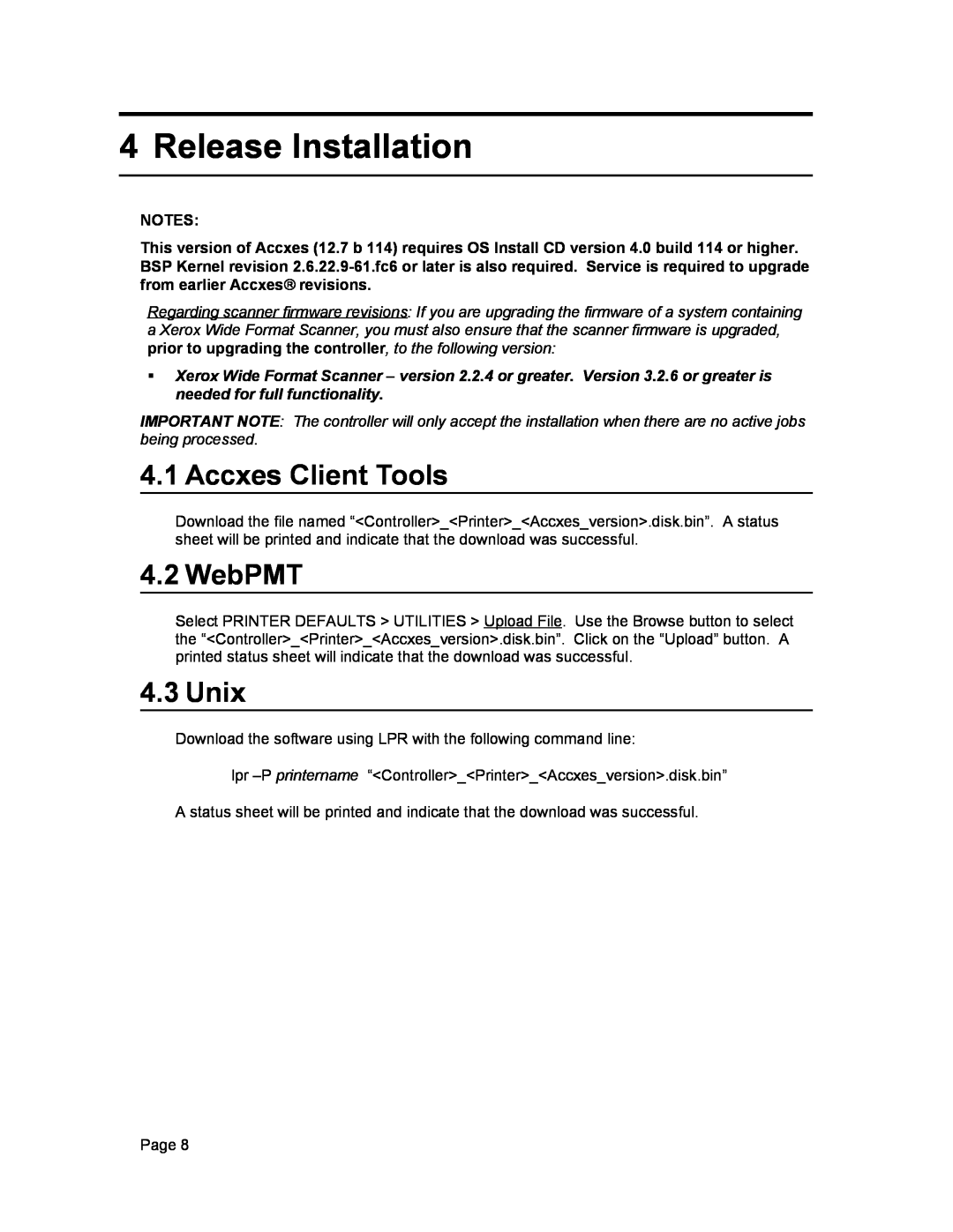 Xerox 12.7 B 114 manual Release Installation, Accxes Client Tools, WebPMT, Unix 