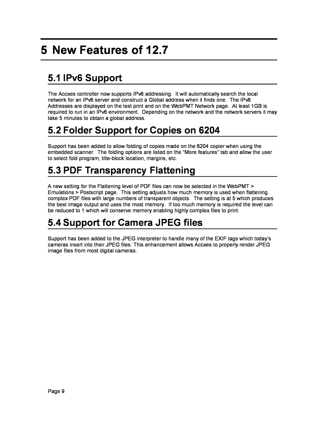 Xerox 12.7 B 114 manual New Features of, 5.1 IPv6 Support, Folder Support for Copies on, Support for Camera JPEG files 