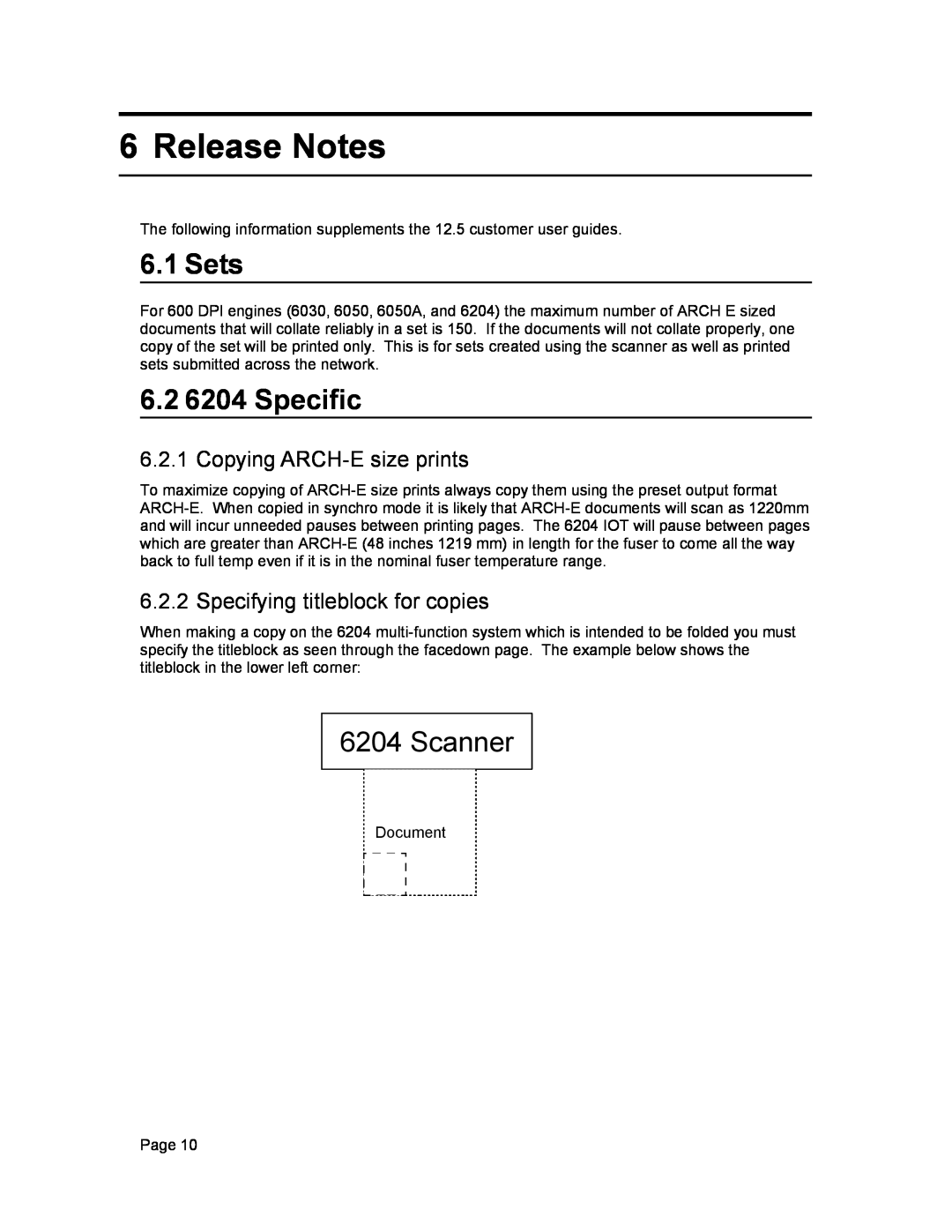 Xerox 12.7 B 114 manual Release Notes, Sets, 6.2 6204 Specific, Scanner, Copying ARCH-Esize prints 