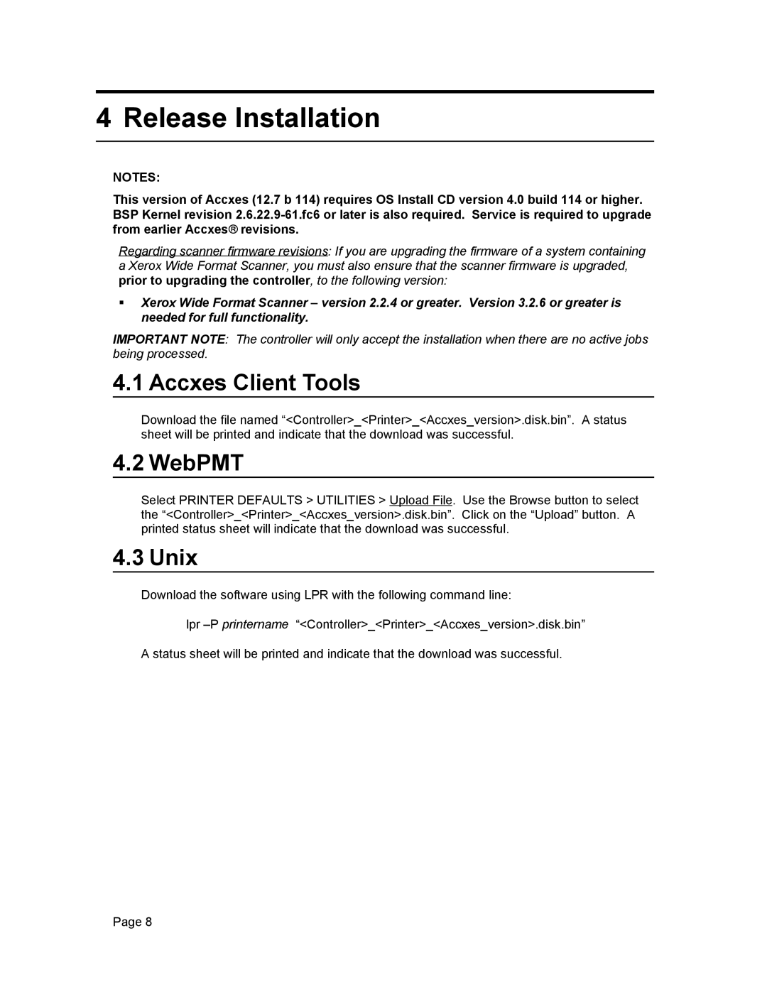 Xerox 12.7 B 114 manual Release Installation, Accxes Client Tools, WebPMT, Unix 