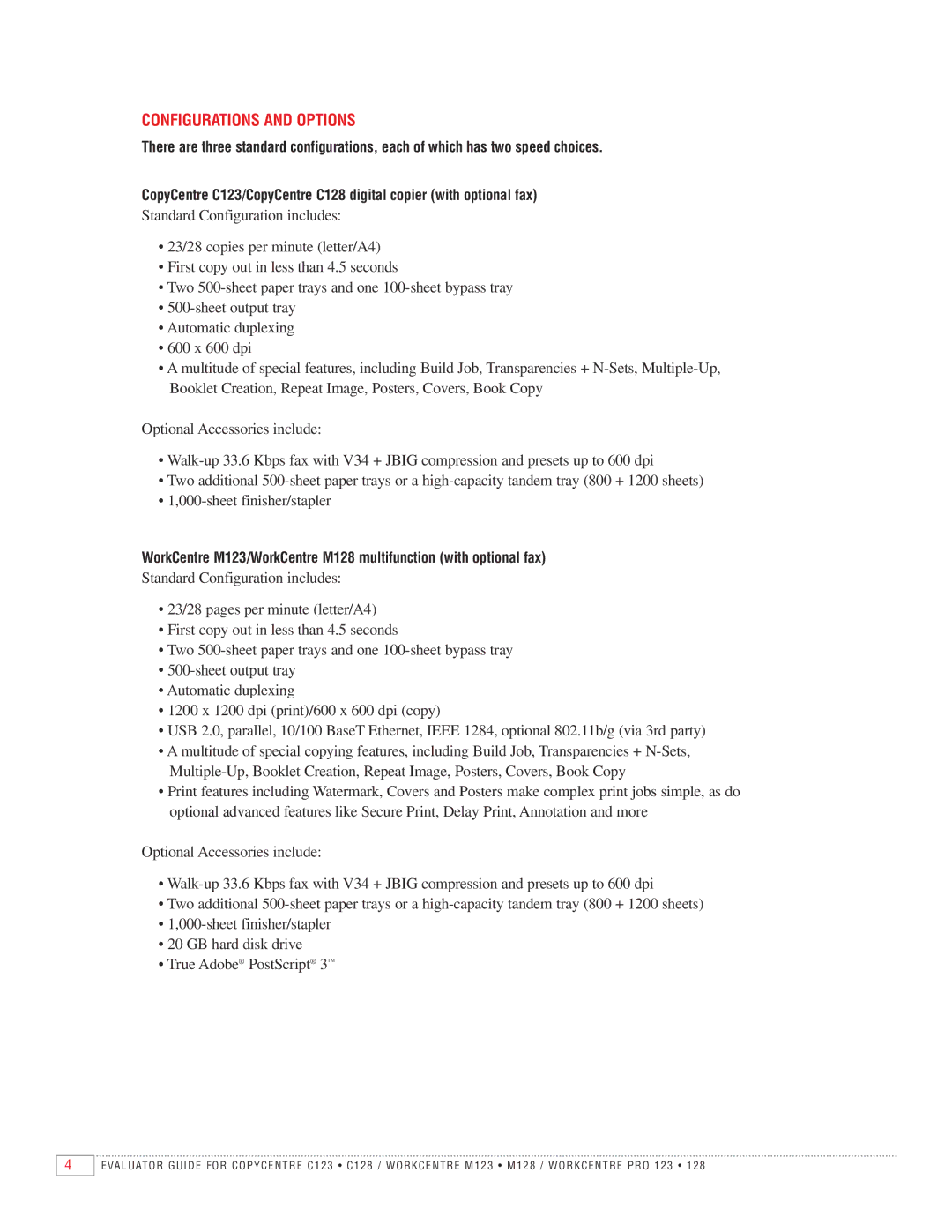 Xerox M128, C128, C123, M123 manual Configurations and Options 