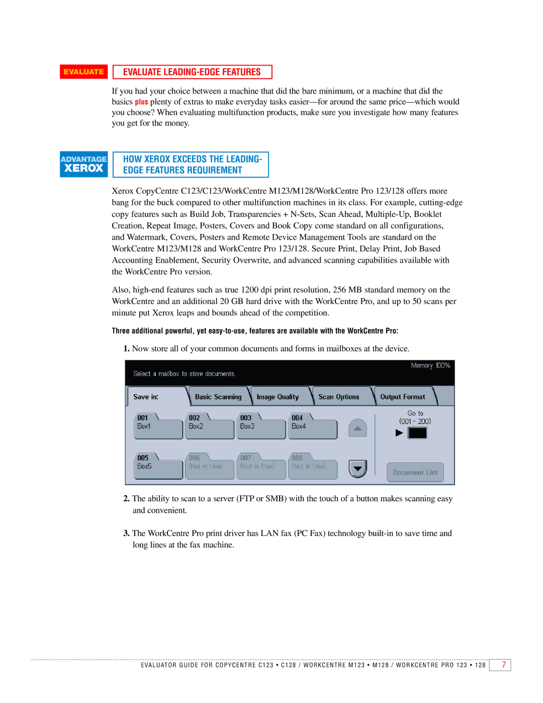 Xerox C128, C123, M123, M128 manual Evaluate LEADING-EDGE Features, HOW Xerox Exceeds the Leading Edge Features Requirement 