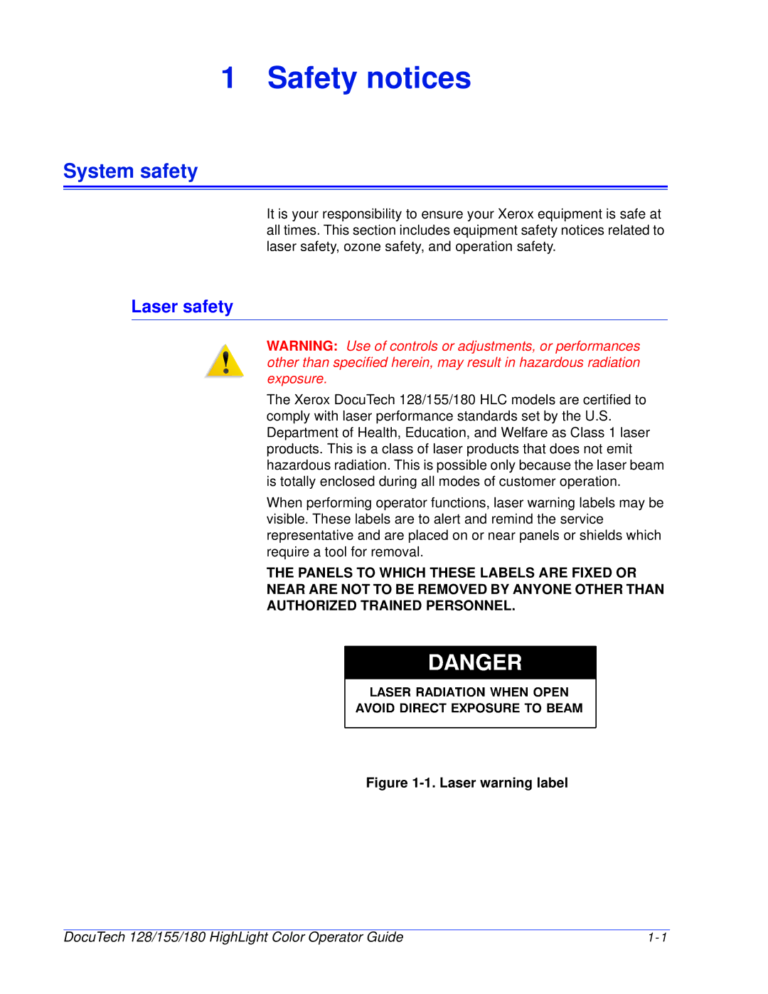 Xerox 128 manual System safety, Laser safety 