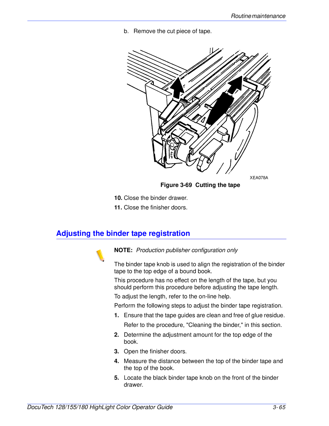 Xerox 128 manual Adjusting the binder tape registration, Cutting the tape 