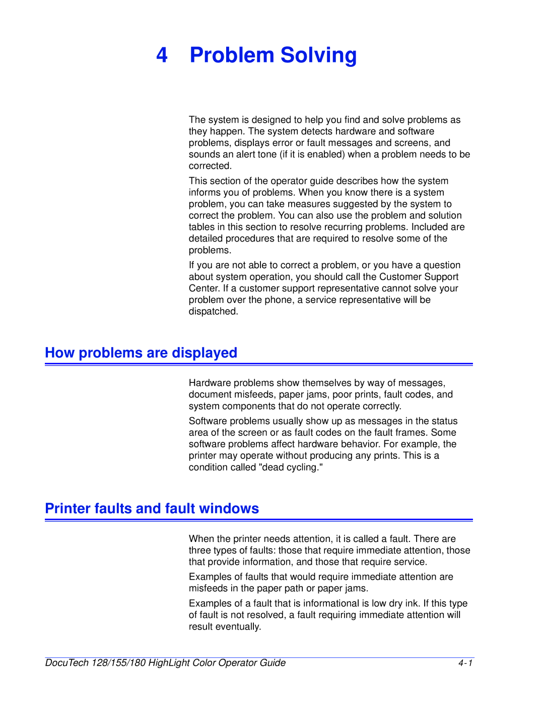 Xerox 128 manual How problems are displayed, Printer faults and fault windows 