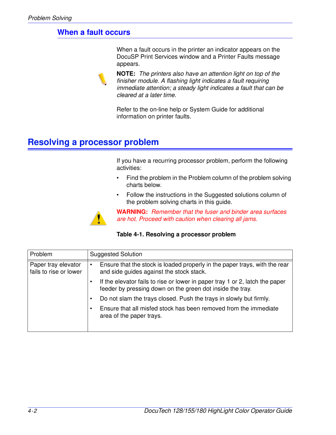 Xerox 128 manual Resolving a processor problem, When a fault occurs 