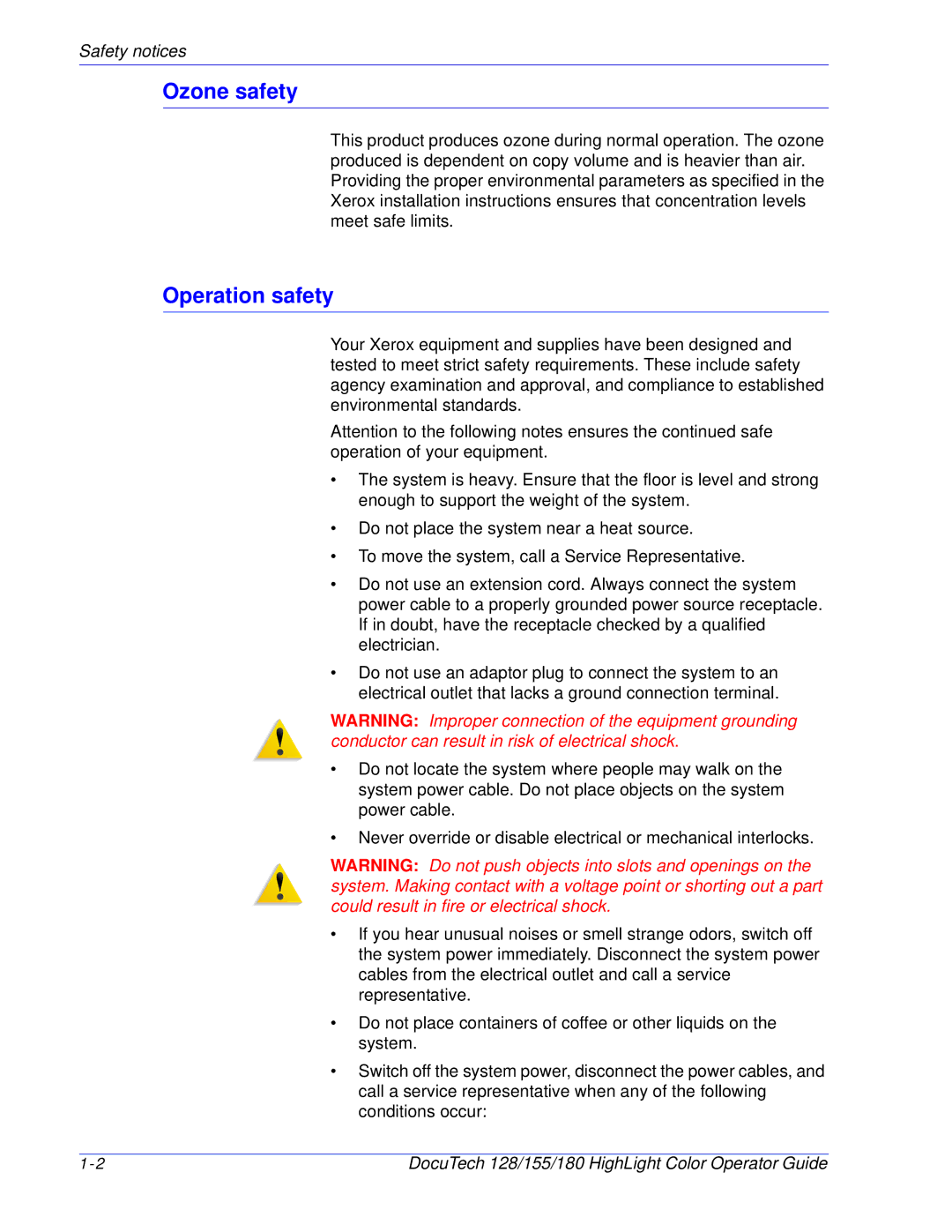 Xerox 128 manual Ozone safety, Operation safety 