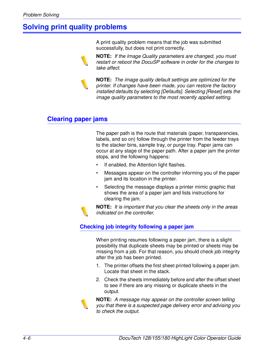 Xerox 128 manual Solving print quality problems, Clearing paper jams, Checking job integrity following a paper jam 