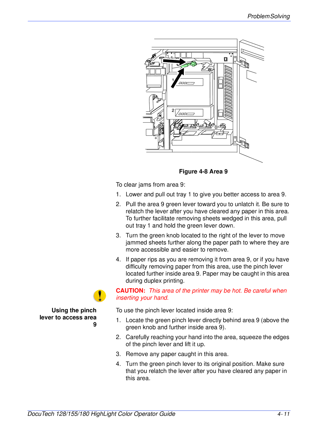 Xerox 128 manual Using the pinch lever to access area 