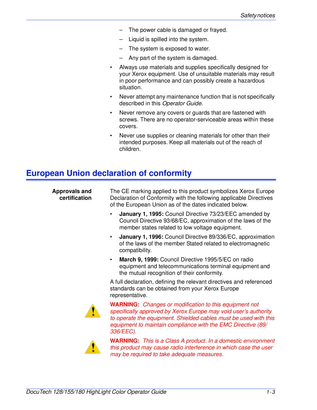 Xerox 128 manual European Union declaration of conformity 