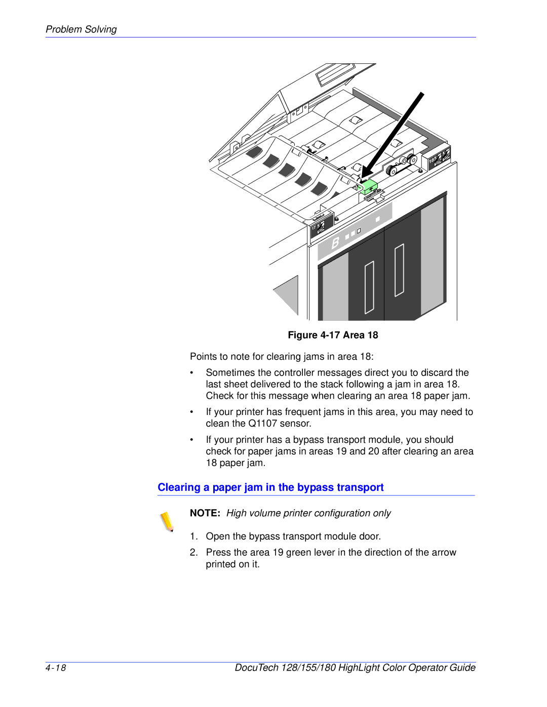 Xerox 128 manual Clearing a paper jam in the bypass transport, Area 