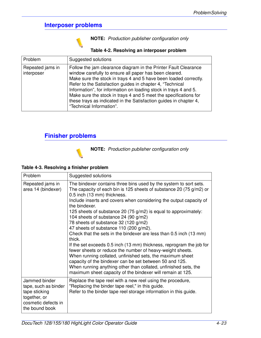 Xerox 128 manual Interposer problems, Finisher problems, Resolving a finisher problem 