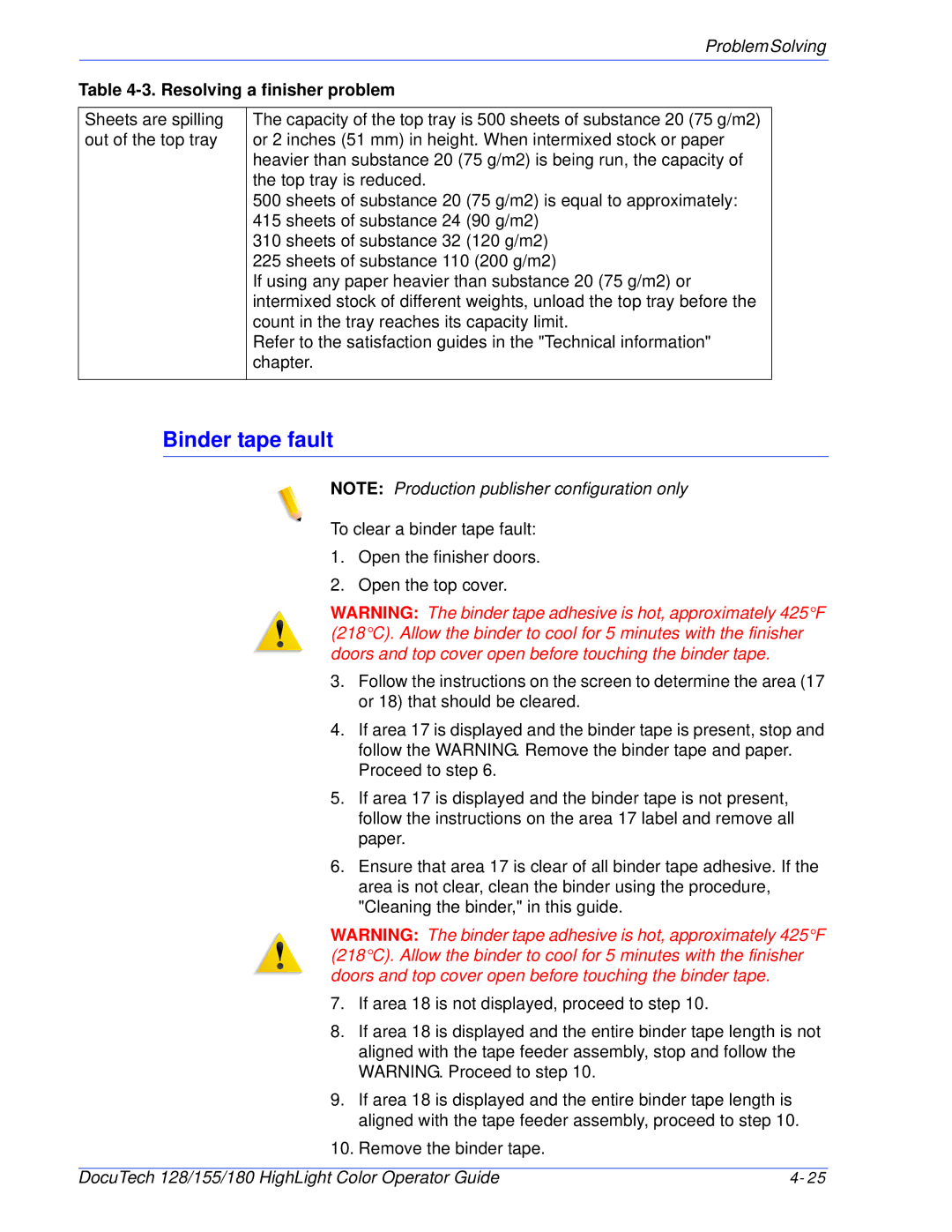 Xerox 128 manual Binder tape fault 