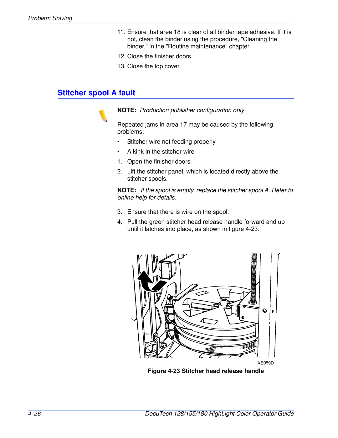 Xerox 128 manual Stitcher spool a fault, Stitcher head release handle 