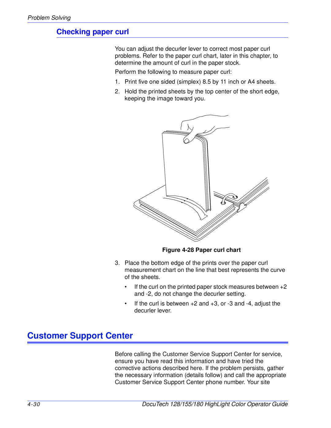 Xerox 128 manual Customer Support Center, Checking paper curl 