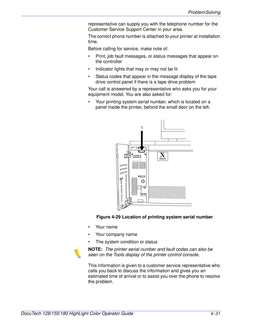 Xerox 128 manual Location of printing system serial number 