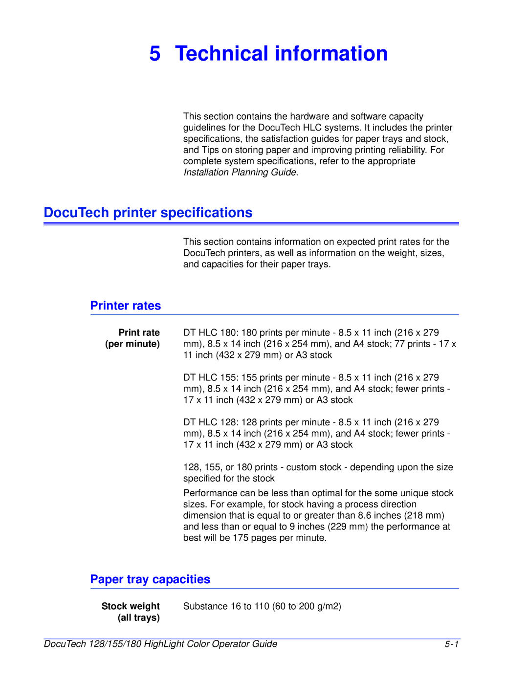 Xerox 128 manual DocuTech printer specifications, Printer rates, Paper tray capacities, All trays 