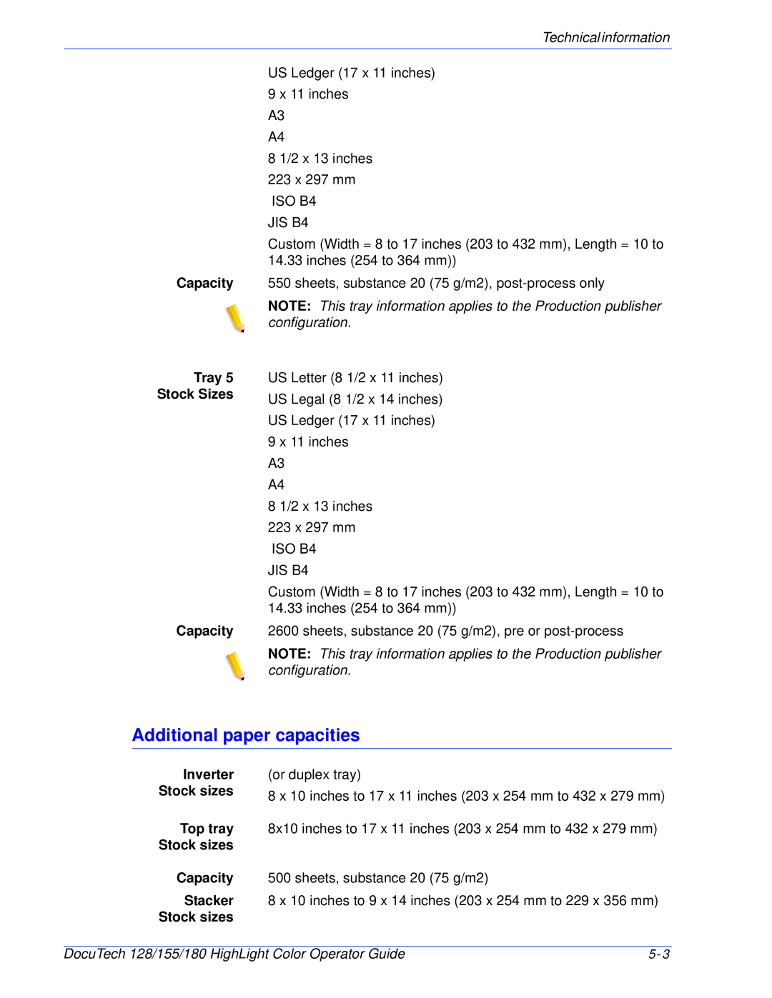 Xerox 128 manual Additional paper capacities, Inverter, Top tray, Stacker 